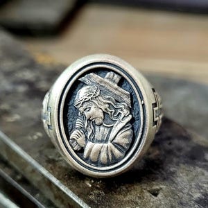 Jesus Christ Cross Crown of Thorns Silver Statement Men&#39;s Ring, Unique Religious Jewelry, Messiah Signet Ring, Catholic Ring, Gift for Men