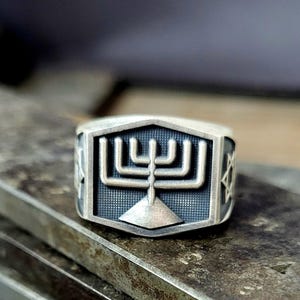 Menorah Jewish Silver Ring, Christian Men&#39;s Jewelry, Messianic Ring, Star of David Ring, Judaism Symbolic Jewelry for Men, Religious Ring