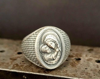925k Sterling Silber Jungfrau Maria und Jesuskind Ring - Heiliger religiöser Schutzring