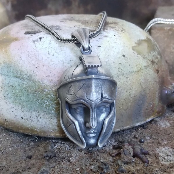 925k Oxidized Silver Spartan Warrior Helmet Pendant, Ancient Greek Mythology Necklace for Men, Gladiator Men's Silver Handmade Necklace Gift