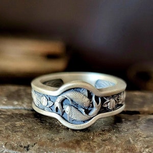 Ying Yang Carp Koi Fish Silver Ring, Japanese Ornament Signet Ring, Promise Ring, 925k Sterling Silver Unique Jewelry, Spirituality Ring