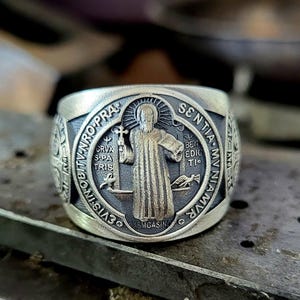 925 Sterling Silver Saint Benedict Ring - Handmade Oxidized Protection Medal Ring