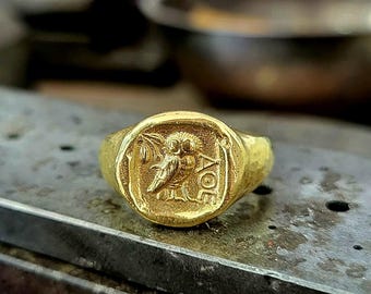 18K Solid Gold Owl of Athena Signet Ring - Handcrafted Ancient Greek Wisdom Symbol