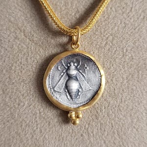 Queen Bee and Gazelle Coin Pendant, 925k Sterling Silver and Gold Plated Handmade Jewelry, Ancient Roman Coin Silver Pendant, Gift for Her