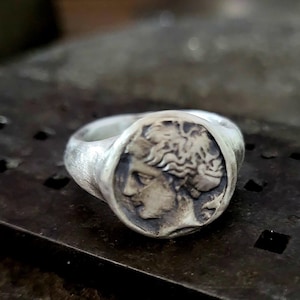 Arethusa Ancient Greek Signet Silver Ring, Goddess Arethusa Coin Ring, 925k Sterling Silver Handmade Jewelry, Ancient Greek Mythology Ring