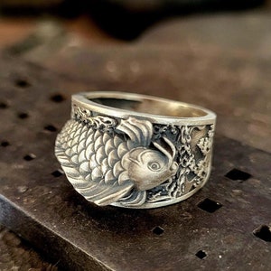 Japanese Carp Silver Band Ring, Ocean Lovers Fish Ring, Zodiac Pisces Promise Ring, 925k Sterling Silver Sea Life Jewelry,  Gift for Her