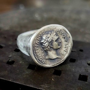 Domitianus Ancient Roman Emperor Ring, 925k Sterling Silver Men&#39;s Ring, Replica Coin Oxidized Silver Jewelry, Unique Handmade Gift for Men