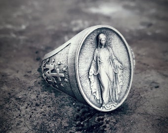 Virgin Mary Ancient Silver Ring, Our Lady of Mounth Carmel Ring, 925k Sterling Silver Ring, Religious Ring for Women, Unique Men Women Rings