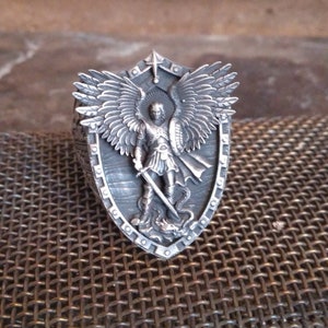 Saint Archangel Michael Dragon Wings Ring, 925k Sterling Silver Handmade Jewelry, Christian Mens Ring, Religious Jewelry,Unique Gift for Men