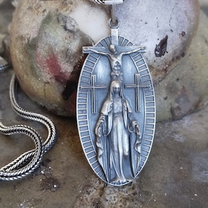 Virgin Mary and Jesus Silver Necklace with Chain, 925k Sterling Silver Jewelry, Christian Mens Pendant, Catholic Womens Christmas Gift
