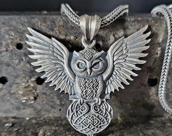 925k Sterling Silver Flying Owl Pendant - Detailed Spread Wings Owl Necklace