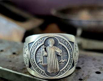 Saint Benedict Silver Men Ring, 925k Sterling Silver Ring, Religious Ring for Men, Oxidized Silver Signet Ring, Christmas Gift for Husband