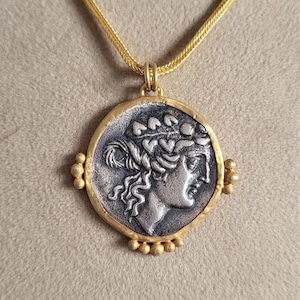 Ancient Greek Silver Coin Pendant, 925k Sterling Silver and Gold Plated Handmade Jewelry, Hellenistic Period Necklace for Women, Unique Gift