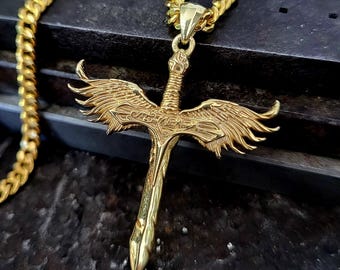 14K Solid Gold Archangel Michael Sword Pendant - Divine Protection Talisman