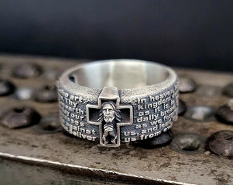 Jesus Prayer to Our Father Ring, 925k Sterling Silver Ring for Men, Religious Jewelry, Christian Mens Unique Gift, Catholic Mens Jewelry