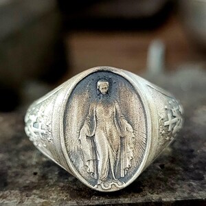 Anillo de plata antigua de la Virgen María, anillo de Nuestra Señora del Monte Carmelo, anillo de plata esterlina de 925 k, anillo religioso para mujeres, anillos únicos para hombres y mujeres