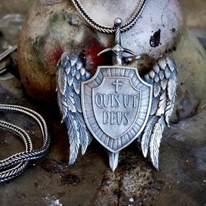 St. Michael the Archangel Silver Pendant, Custom Wings Necklace for Women and Men, &quot;Quis Ut Deus&quot; Necklace,Religious Jewelry Gift for Daddy