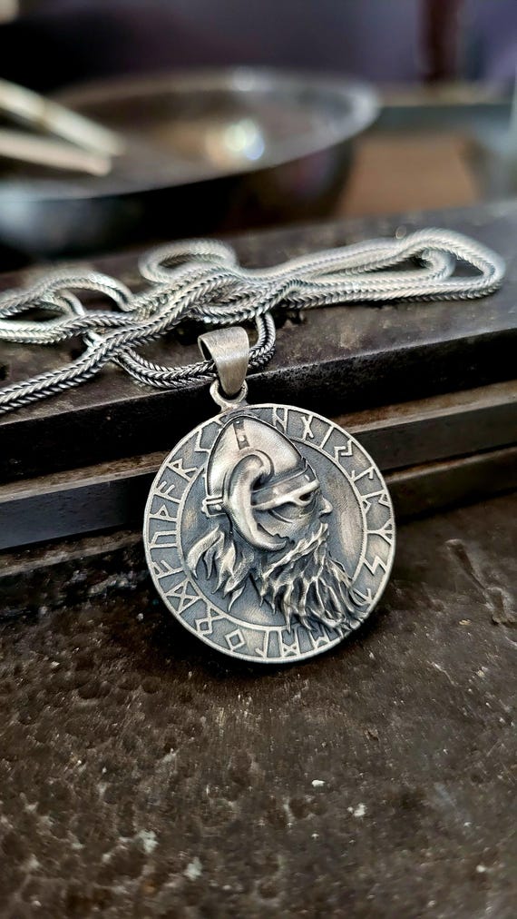 Handmade Sterling Silver Viking Pendant: Odin Warrior Medallion