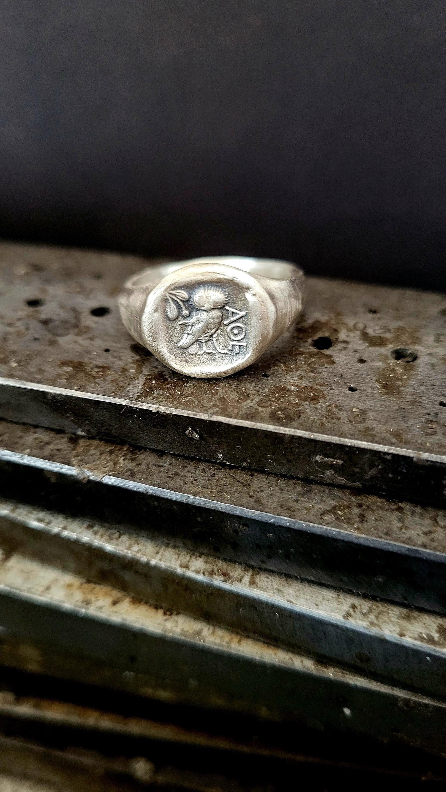 Greek Owl Signet Ring | 925k Sterling Silver Coin Ring | Handmade Athena Owl Ring | Goddess Jewelry 