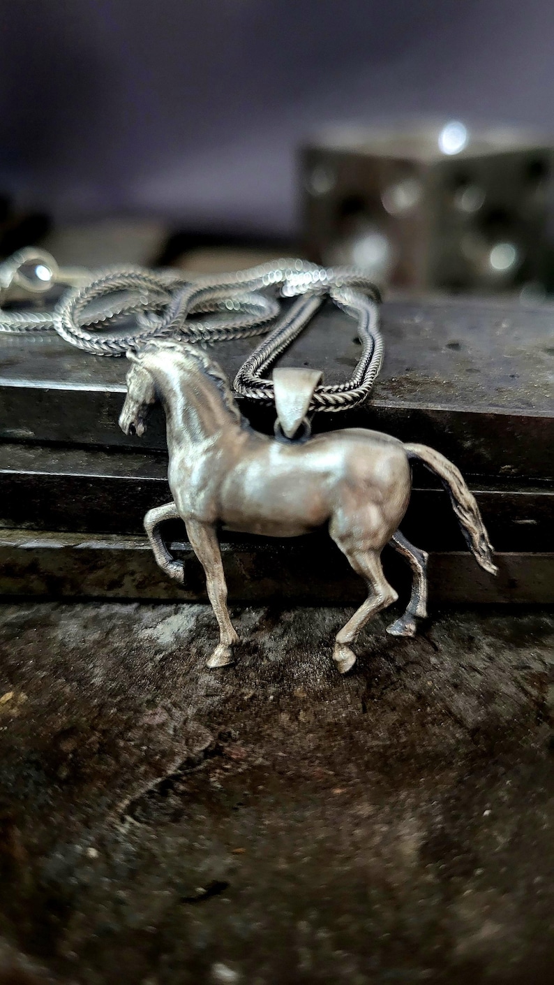 K&ouml;nnte beinhalten: Ein silberfarbener Pferdeanh&auml;nger mit detailliertem Design, befestigt an einer passenden Kette. Das Pferd ist in einer dynamischen Pose dargestellt, mit einem erhobenen Bein. Der Schmuck befindet sich vor einem dunklen, strukturierten Hintergrund.