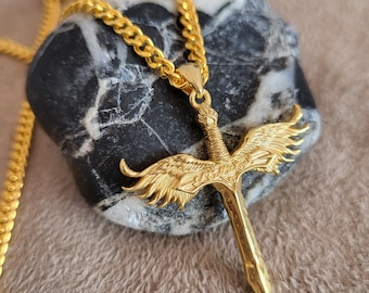 Gold Erzengel Michael Schwert Anhänger, 10k 14k 18k Solid Gold Schmuck, Christian Art Halskette, St Michael ein Flammendes Schwert Anhänger Geschenk für Ihn