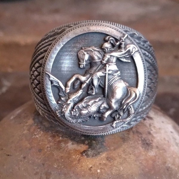 Saint George of Lydda Dragon Silver Ring, Sao Jorge Jewelry for Men, 925k Sterling Silver St. George Ring, Personalized Gift for Men Women