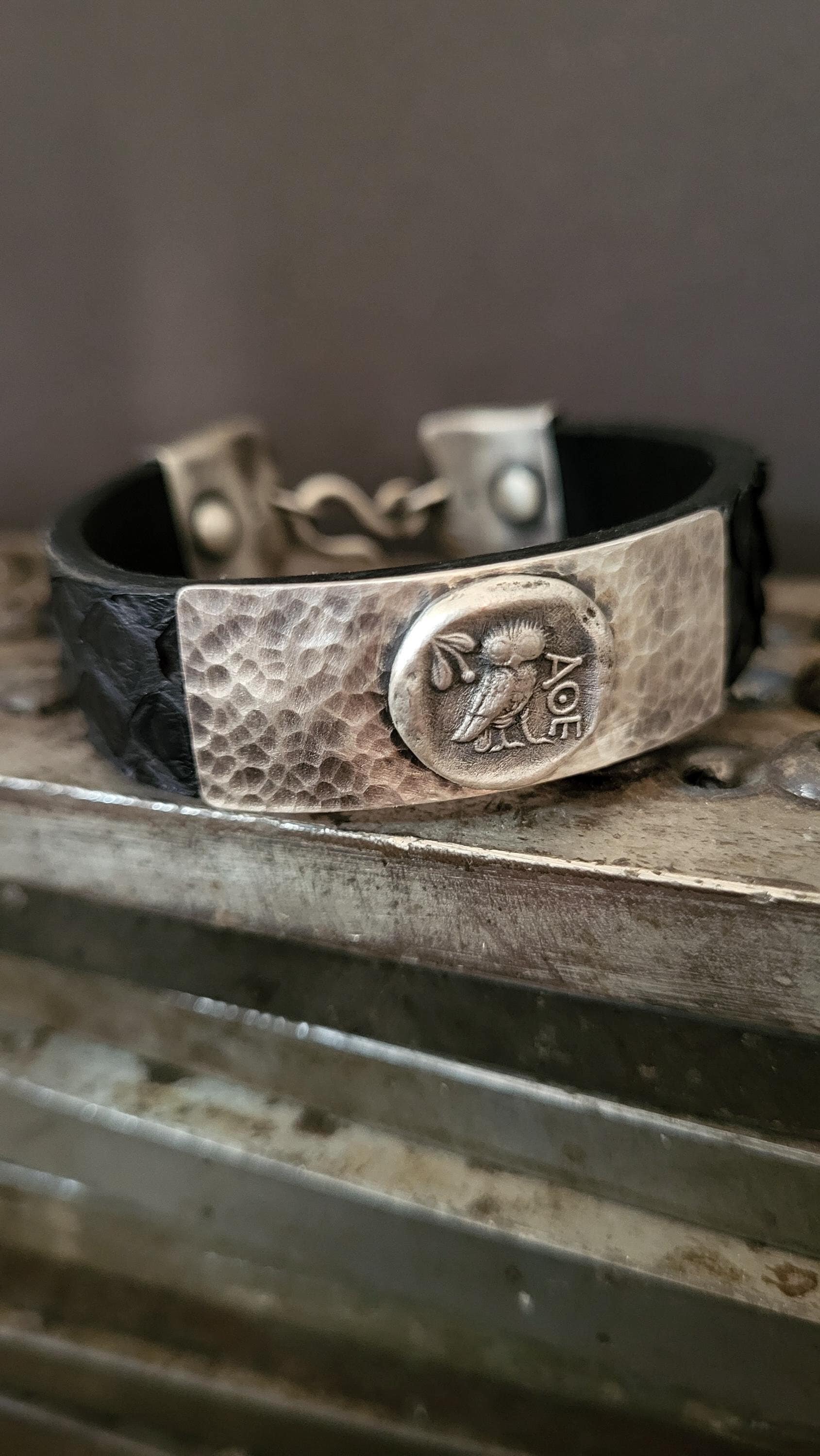 Artisanal Silver Coin and Textured Leather Owl Bracelet: Ancient Greek Jewelry