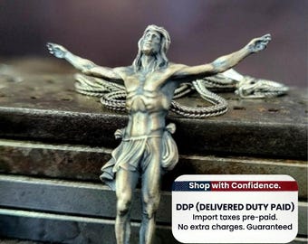 May include: A metallic silver-toned pendant depicting a figure with arms outstretched, suspended from a matching chain. The figure is rendered with detailed musculature and draped fabric. A white rectangular label displays the text Shop with Confidence. DDP (DELIVERED DUTY PAID) Import taxes pre-paid. No extra charges. Guaranteed.
