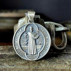 Saint Benedict Silver Pendant, 925k Sterling Silver Handmade Jewelry, St. Benedict Exorcism Necklace for Men, Catholic Men&#39;s Medallion Gift
