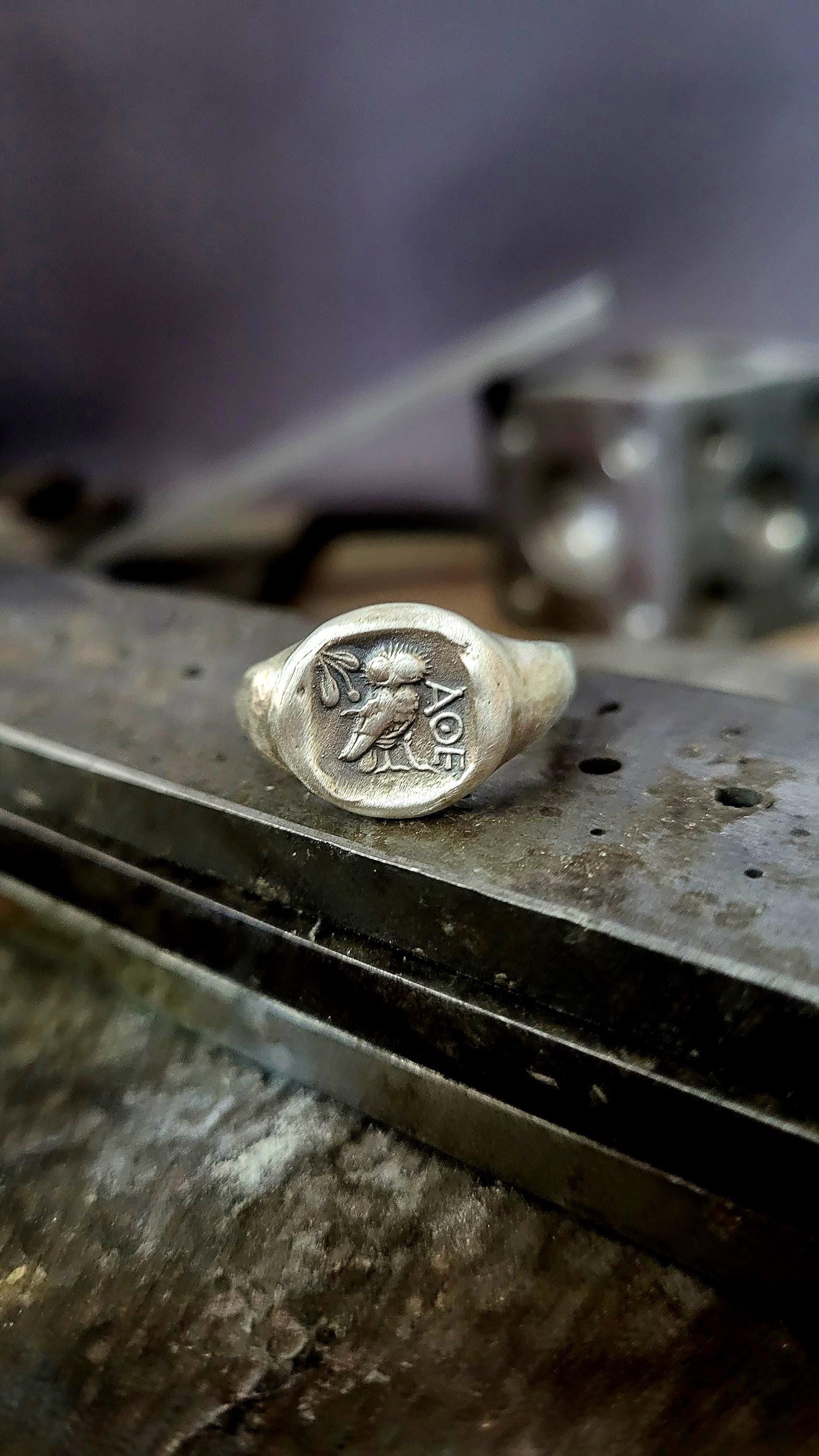 Sterling Silver Greek Owl Signet Ring: Athena Goddess Jewelry