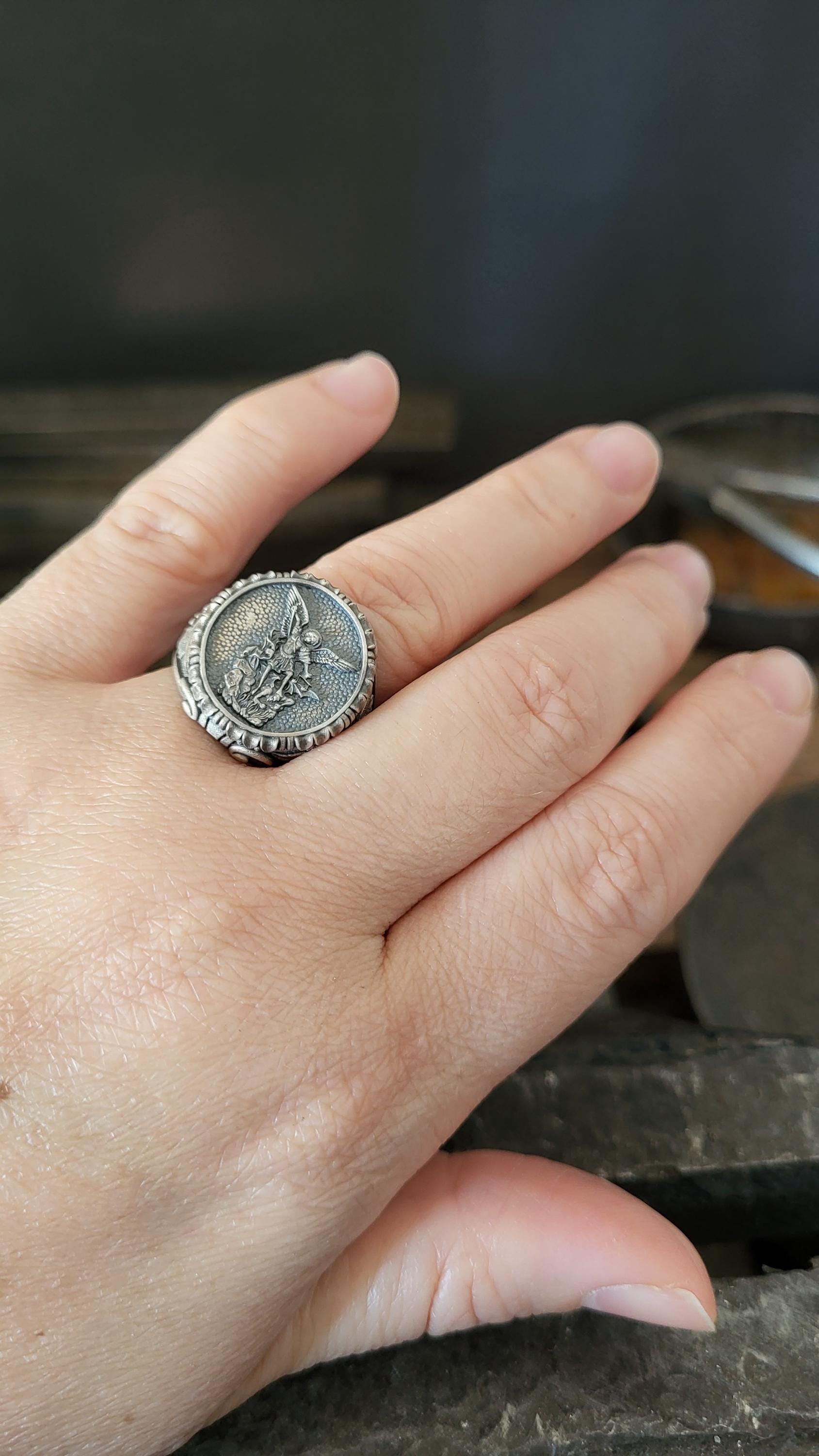 Sigillo Di Arcangelo Michele 925 Anello Argento Sterling Sottile Religioso Gioie
