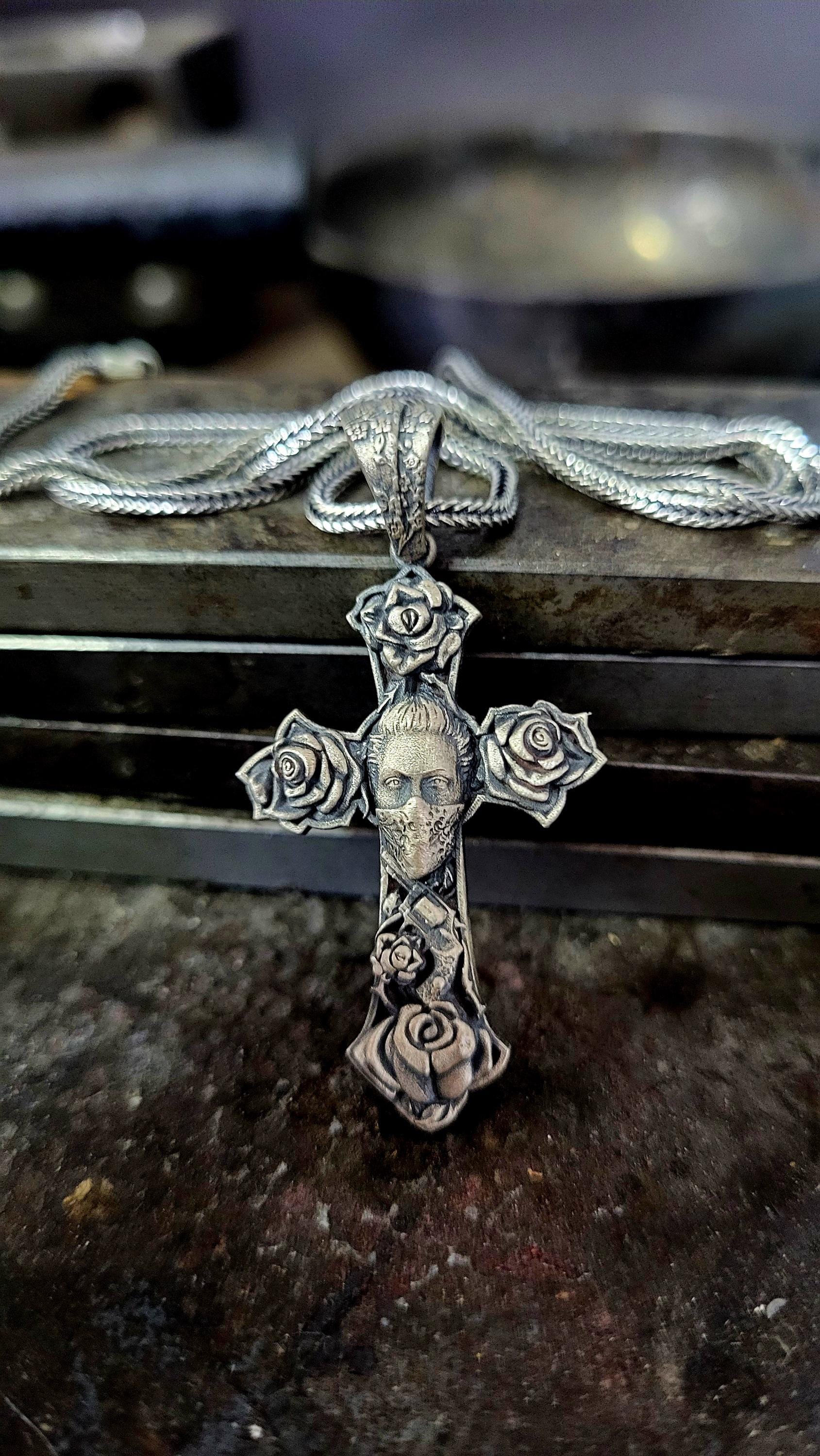 Sterling Silver Chicano Tattoo Cross Pendant: Roses & Skull Gothic