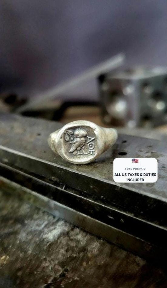 Handcrafted Ancient Athens Owl Silver Signet Ring: Athena Goddess Jewelry