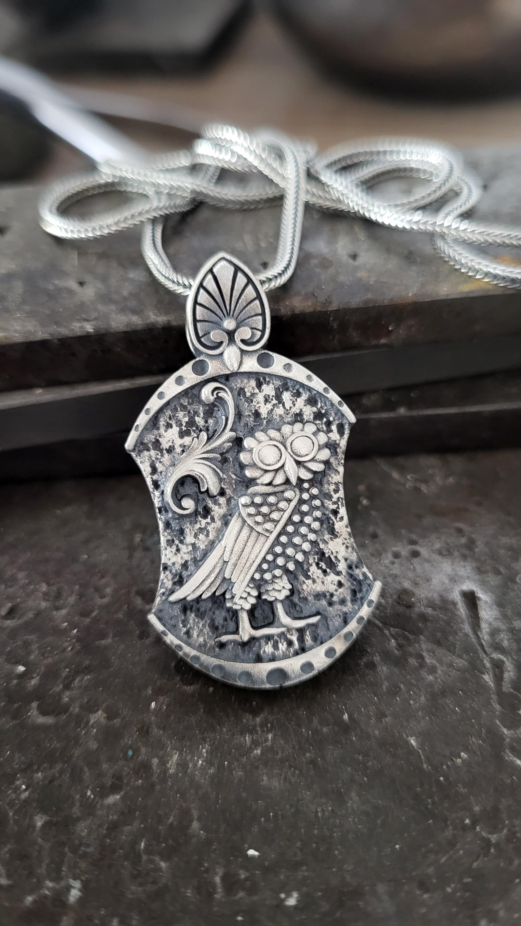 Owl of Athena Pendant: 925k Sterling Silver Necklace