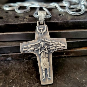 Papa Cross Silver Pendant, Shepherd Jesus Pendant,Cruz do Papa 925k Sterling Silver Necklace, Religious Jewelry, Catholic Mens Unique Gift