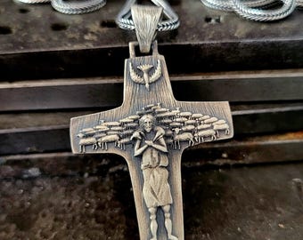 Papa Cross Silver Pendant, Shepherd Jesus Pendant,Cruz do Papa 925k Sterling Silver Necklace, Religious Jewelry, Catholic Mens Unique Gift