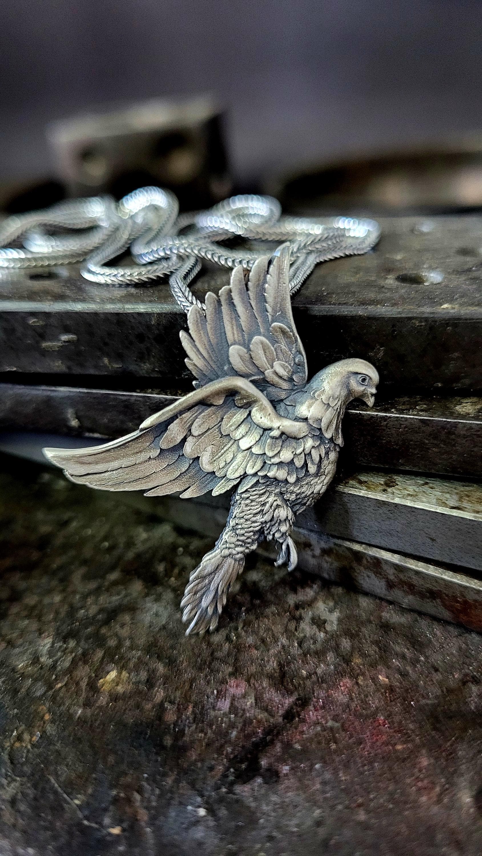 Flying Bird Silver Pendant, 925k Sterling Silver Handmade Jewelry, Symbolic Gift for Women, Winged Pigeon Men Necklace, Unique Animal Gift