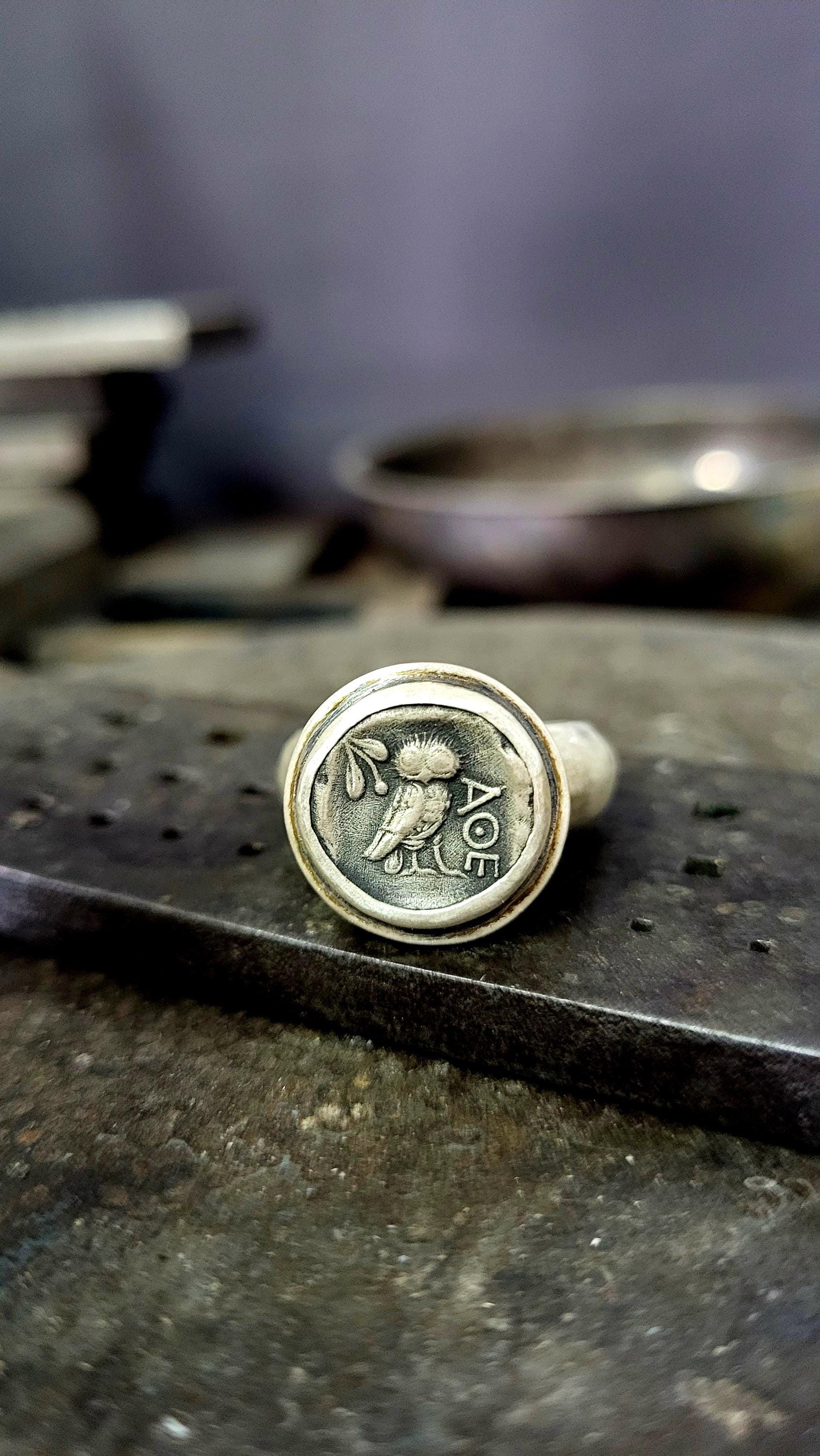 Handmade 925k Sterling Silver Ancient Greek Owl of Athena Ring