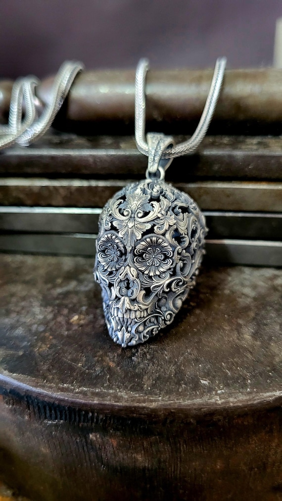 Skull Silver Biker Pendant for Men, 925k Sterling Silver Necklace