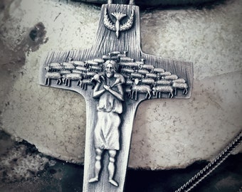 Colgante de plata Papa Cross, colgante de Jesús pastor, collar de plata de ley Cruz do Papa 925k, joyería religiosa, regalo único para hombres católicos