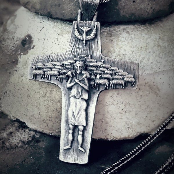 Papa Kreuz Silber Anhänger, Hirte Jesus Anhänger, Cruz do Papa 925k Sterling Silber Halskette, religiöser Schmuck, einzigartiges Geschenk für katholische Männer