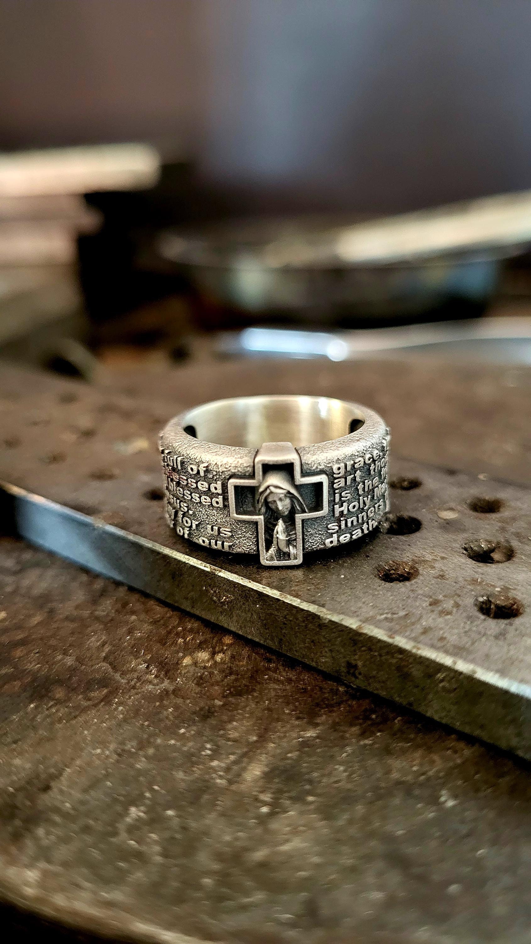 Prayer to Hail Mary Silver Ring, 925k Sterling Silver Handmade Jewelry, The Mother of God Religious Ring for Women, Catholic Prayer Ring Men
