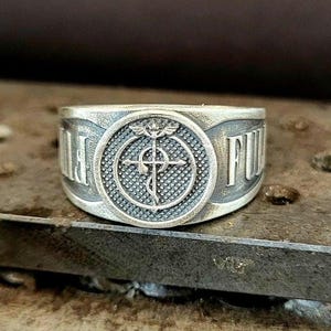 Full Metal Symbol Band Ring, Silver Flamel Ring, Special Silver Snake Ring, Anime Ring Women, 925k Silver Modern Ring, Unique Gift for Men