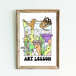 Peut inclure: Une affiche encadrée avec une illustration d'une personne faisant de la plongée sous-marine. L'œuvre comprend des coraux colorés, des poissons et le texte "ART LESSON". La phrase "NATURE IS MAGIC" est également présente. Cadre en bois.