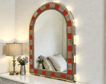 Luxury Arches Walnut Wall Mirror with Copper & Resin Inlay – Handmade Moroccan Statement Wall Decor