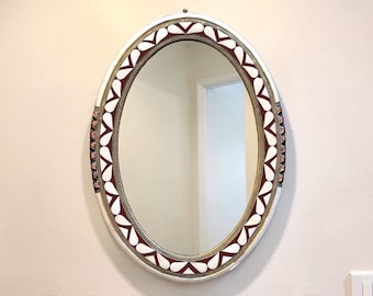 Espejo de pared único hecho a mano en cobre: espejo grande con incrustaciones de madera natural y resina.