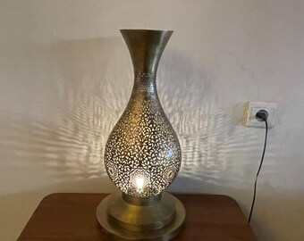 Handcrafted Pierced rustic vase shaped Table Lamp: Moroccan Boho Accent Light vintage for gift