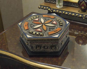 Handmade Moroccan artisanal Jewelry Box: White Copper & Resin Inlay gift