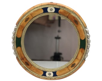 Bone Inlay Wall Mirror: Wood, Copper & Resin - Asymmetrical Design