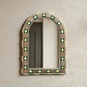 Arched Walnut Wood Wall Mirror: Copper Inlays - Rustic Luxury Artisanal Moroccan decor